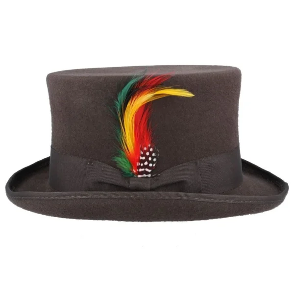 Maz Wool Felt Top Hat – Brown with Feather – Size: Medium 58cm (7 1/8)