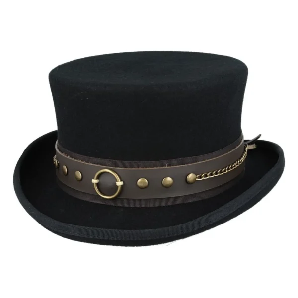 Gothic Steampunk Top Hat Black with Brown Leather Look Band – Size: 57cm (7 1/4) - Image 4