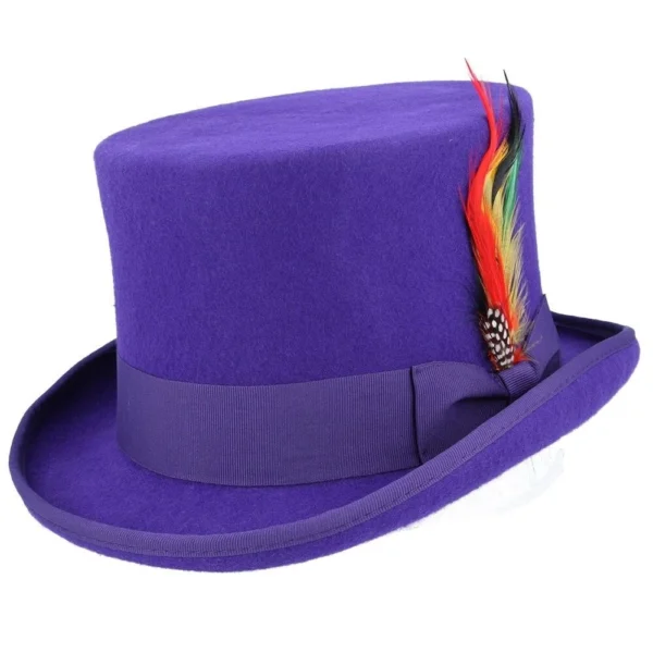 Maz Wool Felt Top Hat – Purple with Feather - Large 59cm (7 1/2) - Image 2