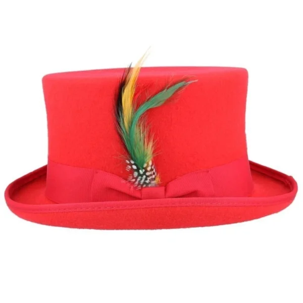 Maz Wool Felt Top Hat – Red with Removable Feather – Size: Large 59cm (7 1/2)