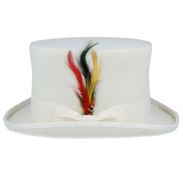 Maz Wool Felt Top Hat – White with Removable Feather – Size: Large 59cm (7 1/2)